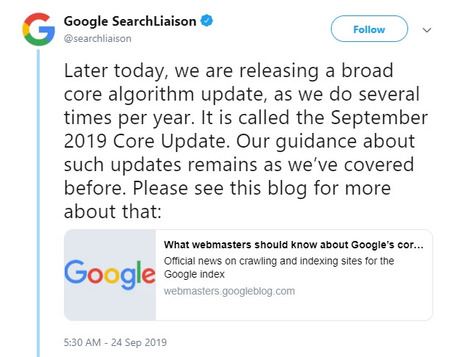 google core update announced for Sept 24th - brightedge