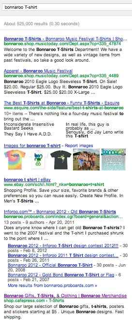 Bonnaroo T-shirt SERP for blended rank example - brightedge