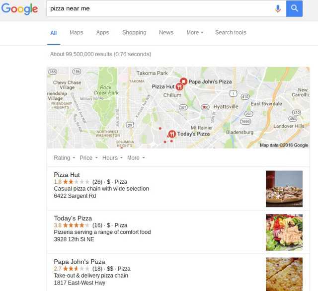 pizza near me google local example - brightedge