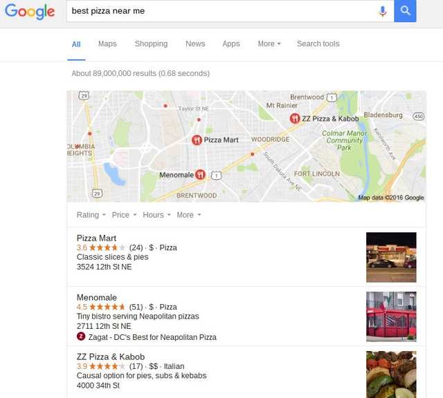 best pizza near me Google local example - brightedge