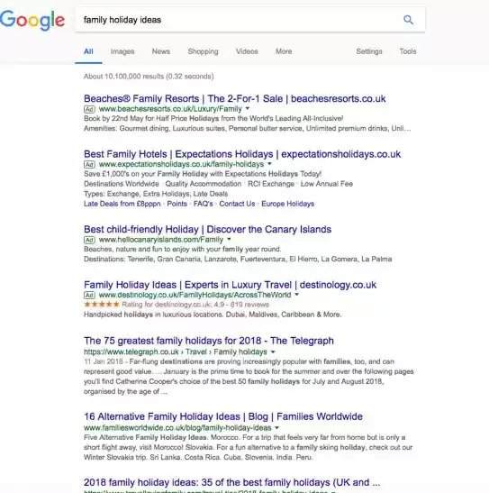 keyword clustering: a search for “family holiday ideas” on Google - brightedge