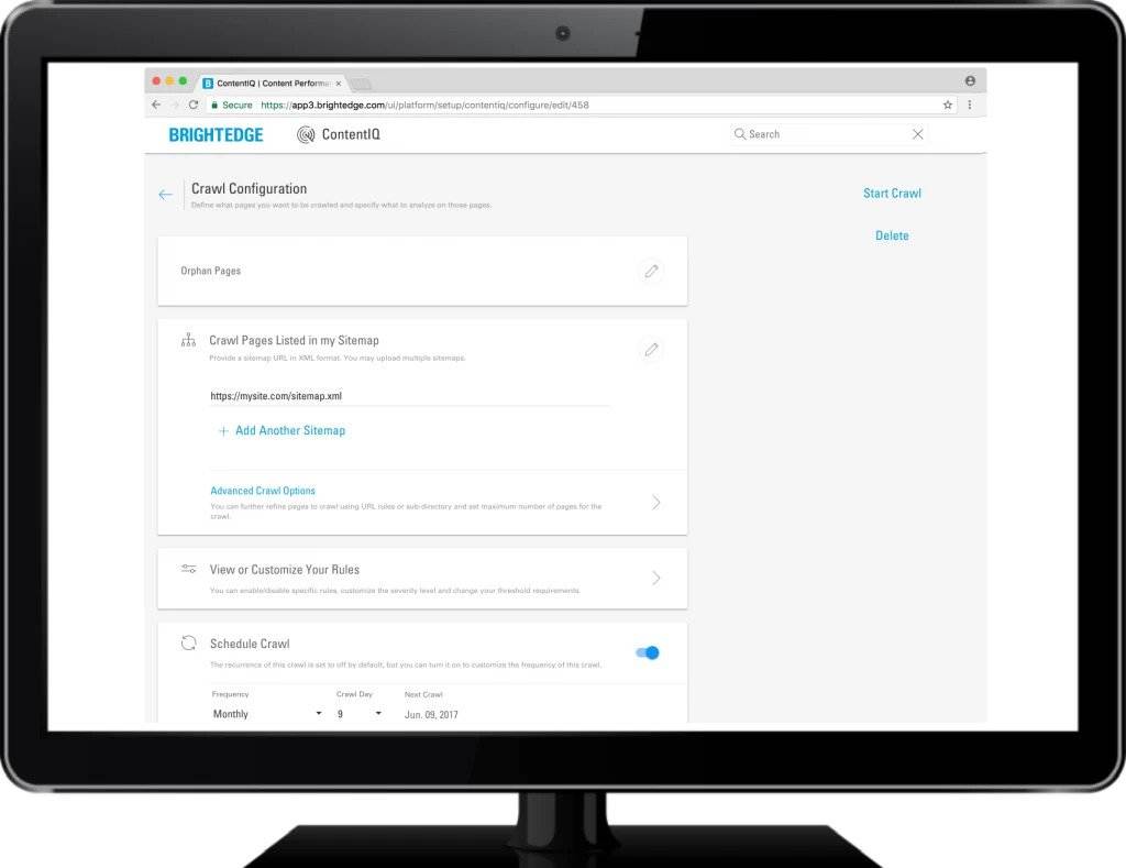 ContentIQ Configure sitemap crawl for orphan pages - brightedge