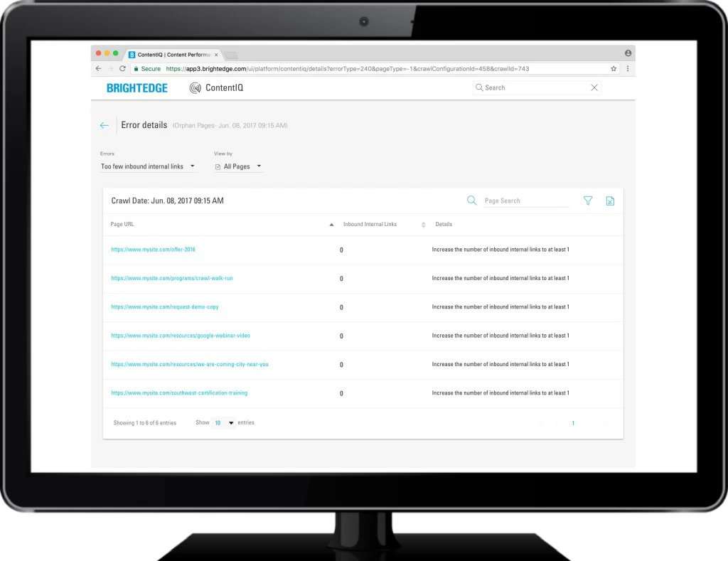 ContentIQ - orphan pages audit results - in monitor - brightedge