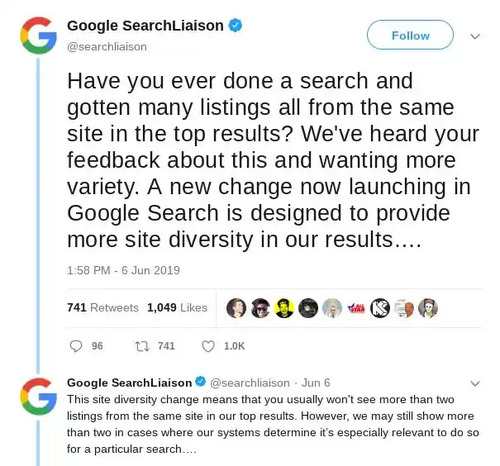brighetdge shows Google announings their efforts to diversify SERP results