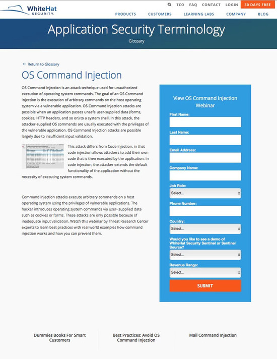 WhiteHat glossary page for os command injection