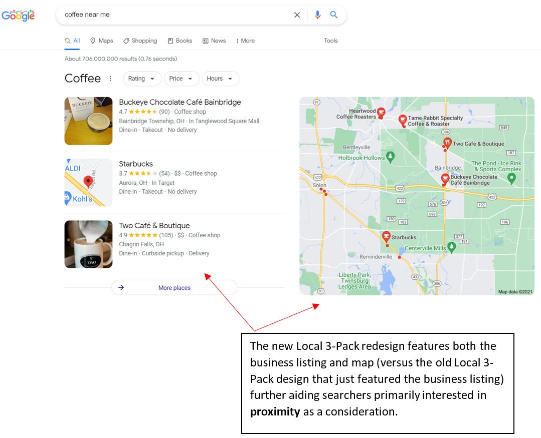 screenshot showing an example of the redesigned local 3-pack with the addition of the map to aid searchers