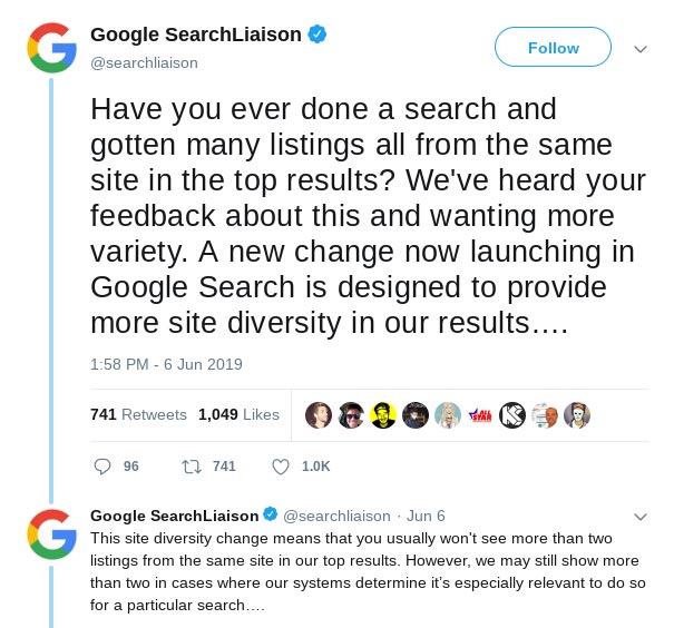 Google announces their efforts to diversity SERPs