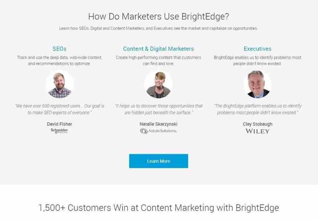 BrightEdge Landing Page showing example of testimonials relevant to targeted audiences