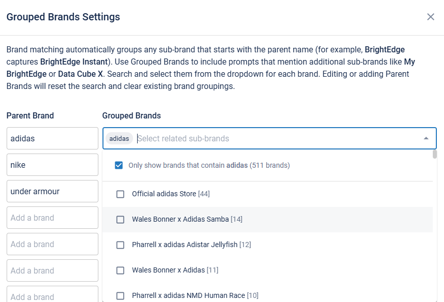 Grouped Brands Settings in BrightEdge AI Catalyst